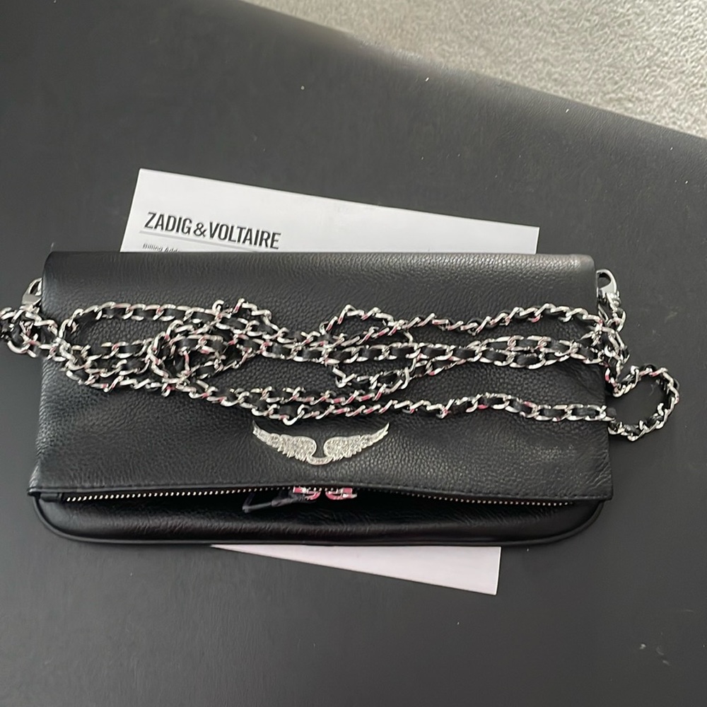 ZADIG VOLTAIRE Black ROCK LEATHER WOMAN CLUTCH with Double chain length.